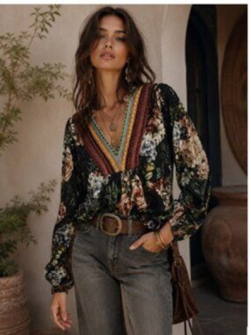 whimsy anthropologie boho floral v neck long sleeve blouse